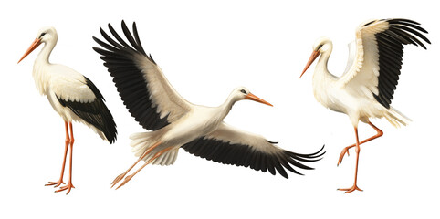 White Stork Birds Set, Pastel Isolated Stork , Ornithology Art, Elegant Water Bird Art for Nature Decor and Wildlife Design