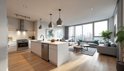 Modern luxury apartment interior with open kitchen and city view. Minimalist design style. Home includes kitchen island. Living room has sofas and big windows in elegant real estate.