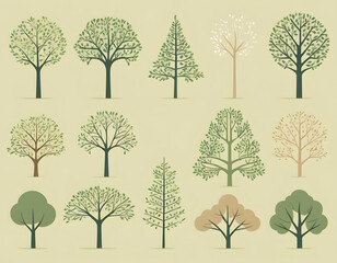 A collection of stylized vector tree icons and illustrations, representing different seasons and species, on a light neutral background.