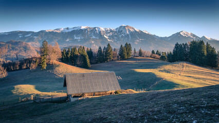 Barn in a grassy field with snow-capped mountains.