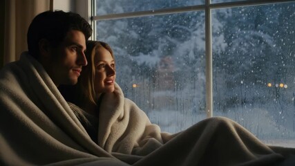 Cozy couple embracing winter serenity by the window with falling snow - Powered by Adobe