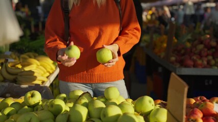 Young woman at sunny farmers market selecting ripe green apples from vendor’s stall, enjoy fresh, organic produce and healthy, natural lifestyle - Powered by Adobe