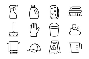 Essential cleaning tools icons: line art set for home and industrial use