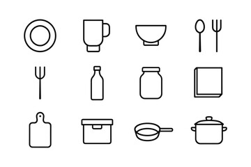 Minimalist kitchen utensils icons set in simple linear style for modern designs