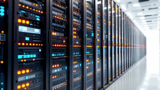 High-Tech Server Room with Rack Servers and Glowing Indicators - Powered by Adobe