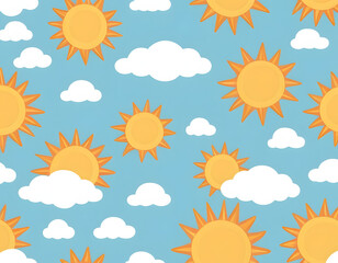 A bright, seamless vector pattern of smiling suns and clouds set against a blue sky background.