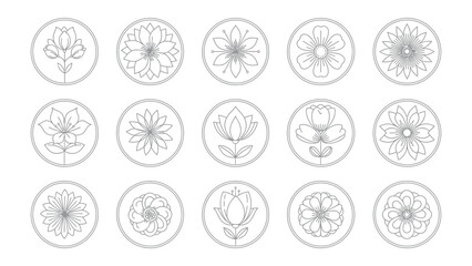 Botanical Emblems: A collection of exquisite floral line drawings, each encased in a circular frame, showcasing the elegance of nature's delicate beauty.