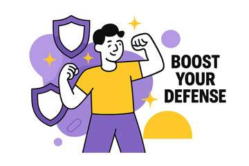 Immune Defense Illustration. Immune System Support. A figure surrounded by shield shapes flexes lightly; small spark icons radiate ?Vitality.? ?Boost Your