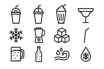 Frozen Drinks Icons. Frozen Drinks. Line icon set of Frozen Drinks: slushie cup, smoothie, milkshake, frozen margarita, snowflake symbol, blender, ice cubes,