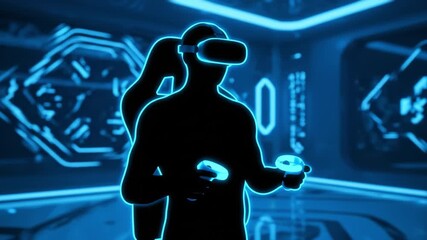Immersive virtual reality experience featuring headset and controllers, set against backdrop of futuristic neon lights and digital patterns, enhancing gaming technology atmosphere - Powered by Adobe