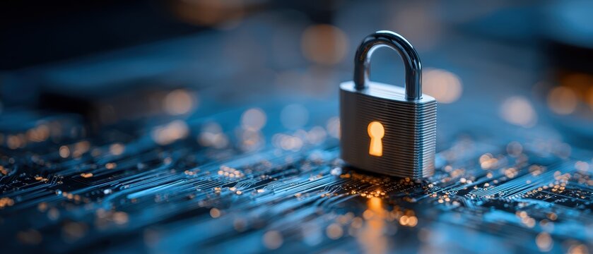 Close-up of a padlock symbol on a cybersecurity digital circuit board representing online security and data protection - Powered by Adobe