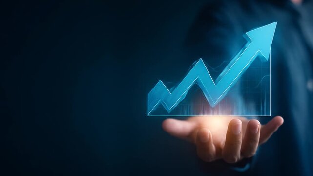 Hand presents glowing blue upward arrow, implying financial growth on a dark background