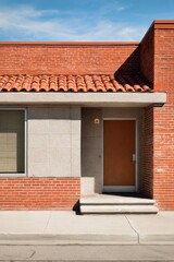 Naklejka premium Modern architectural design of a brick building with a tiled roof and a simple entrance, showcasing clean lines and a minimalistic approach to urban living