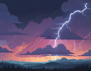 A dramatic vector illustration of a lightning storm striking over a mountain landscape with layered clouds and a colorful twilight sky.
