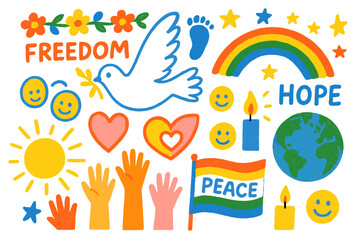 Naklejka premium Symbols of Hope. Freedom and hope. Colorful Hand-drawn doodle Children illustration Freedom and hope flying dove, sunrise, raised hands, rainbow, open heart,