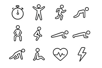 Fototapeta premium HIIT Icon Set. HIIT. Line icon set of HIIT: stopwatch, jumping jack, high knees, sprint, squat jump, burpee, plank, push-up, mountain climber, rest icon, heart
