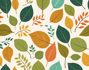 A seamless pattern of various stylized leaves and branches in a rich earth tone palette, perfect for autumn or nature designs.