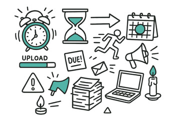 Obraz premium Deadline Doodle Chaos. // Deadline crunch. Hand-drawn doodle illustration Deadline crunch [alarm clock (accented), hourglass (accented), calendar with red
