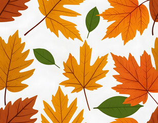 A simple seamless pattern of large autumn leaves (maple and others) in warm orange and yellow tones on a bright white background.