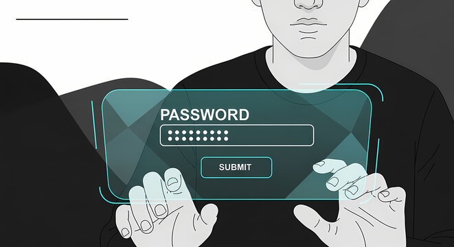 Man entering password information into glowing screen, password security is paramount. Password entry includes a human element, illustrating technology meeting user interaction,