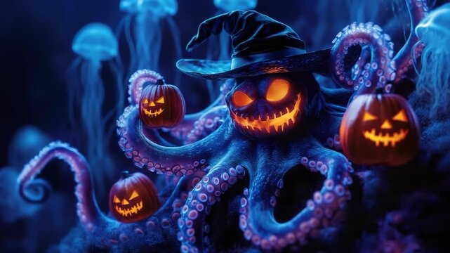 Eerie jack o' lantern octopus wearing a witch hat and clutching pumpkins, drifting through a dark underwater scene lit by glowing blue jellyfishperfect for spooky Halloween art