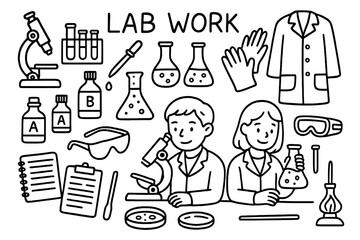 Obraz premium Laboratory Doodles. Lab Work. Hand-drawn doodle illustration Lab Work microscope, test tubes, pipette, beakers, flasks, lab coat, gloves, safety goggles,