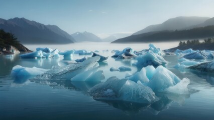 Obraz premium Calm glacial lake with scattered icebergs reflecting in the still water, misty mountains in background