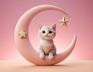 An adorable fluffy white kitten nestled inside a soft pink crescent moon, adorned with dangling gold stars, against a gentle pink background.