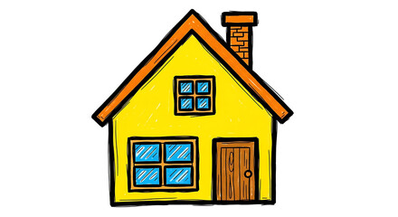 Yellow house with orange roof isolated on white background drawing