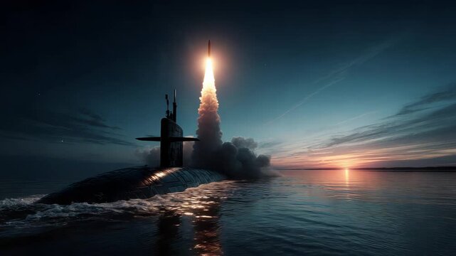 The Submarine is Launching a Missile at the Break of Dawn Light