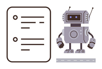 Fototapeta premium Robot standing near a document with text and bullet points, reflecting automation, innovation, and digital technology. Ideal for AI, workflow, robotics, tech development, machine learning task