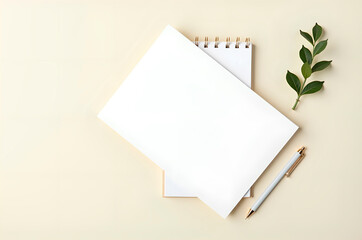 Blank paper and notepad with pens and a sprig of greenery on sur