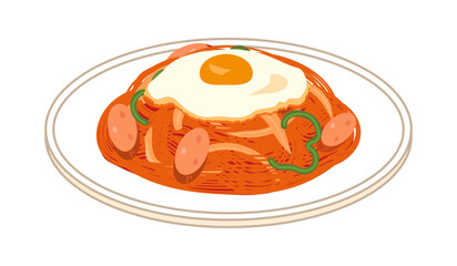 皿に盛った目玉焼きを乗せたナポリタンのイラスト