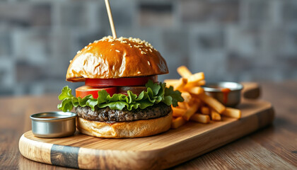 artisan burger with fries and sauce on wooden board