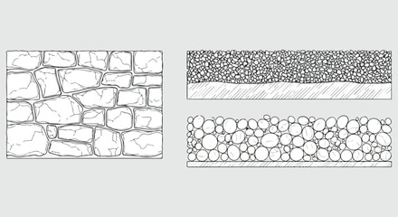 CAD Texture Drawings, stone wall  top and side view patterns, Stone, Gravel, and Pebble Section Pattern Outline Vector for Architectural Material Design