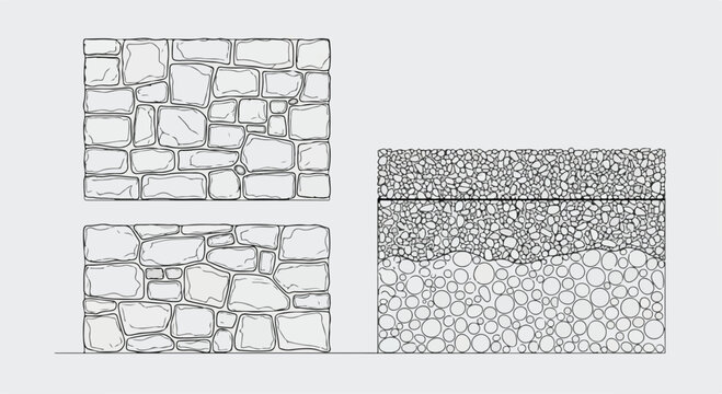 CAD Texture Drawings, stone wall  top and side view patterns, Stone, Gravel, and Pebble Section Pattern Outline Vector for Architectural Material Design