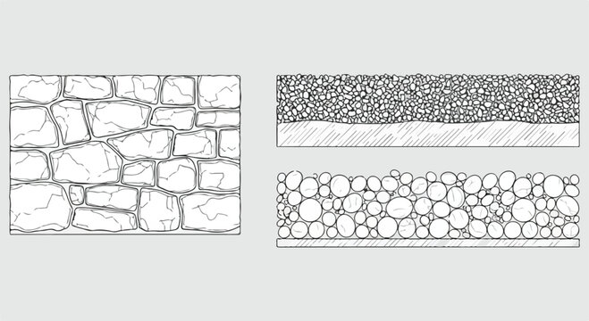 CAD Texture Drawings, stone wall  top and side view patterns, Stone, Gravel, and Pebble Section Pattern Outline Vector for Architectural Material Design