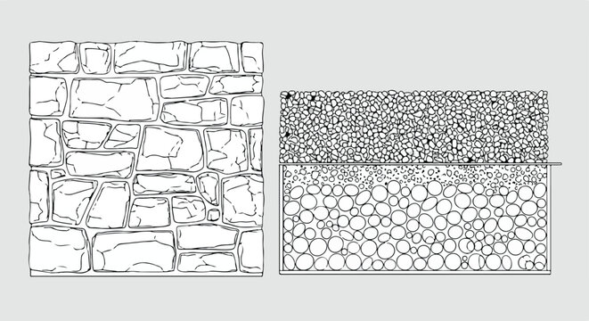 CAD Texture Drawings, stone wall  top and side view patterns, Stone, Gravel, and Pebble Section Pattern Outline Vector for Architectural Material Design