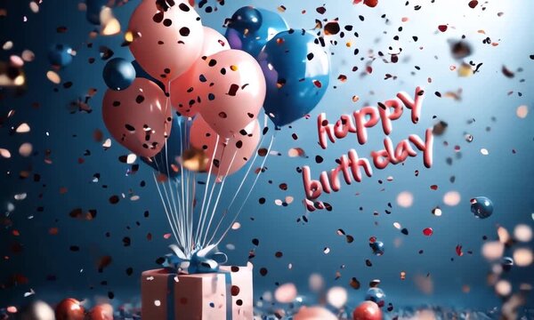 Party celebration featuring a wrapped gift box, colorful balloons, and festive confetti falling, with happy birthday lettering