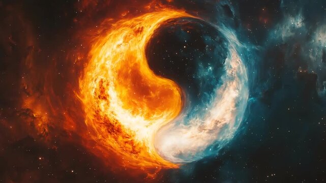 Cosmos forming a yin yang symbol, showing duality and balance with contrasting fire and ice elements in space
