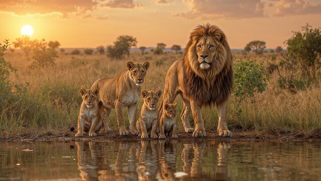 Lion family with three cubs, in savannah landscape with a lake and sunset, ideal for painting