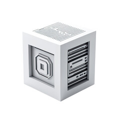 Fototapeta premium Isometric white cube with stylized hardware inside, against a black backdrop