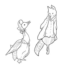 Fox gentleman and  Jemima puddle, duck,, set of illustrations in line art style, doodle, characters.