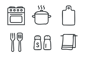 Kitchen utensils for cooking meals and seasoning dishes at home. Set of 6 winter vector illustration