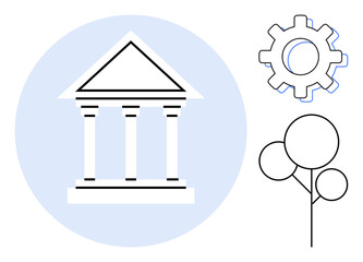 Government structure with pillars, gear indicating industry mechanics, and tree representing nature, sustainability, innovation, public service, education, regulations system management. Simple flat