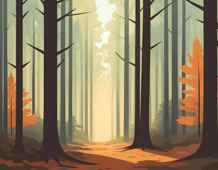 A stylized illustration of a dense forest with tall trees and a path leading into a bright clearing, featuring autumn colors and a misty atmosphere.
