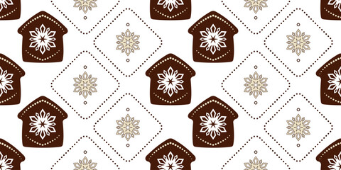 Brown gingerbread house with snowflake decor. Cozy winter holiday seamless pattern. Brown houses and beige snowflakes on white background. Warm christmas holiday decor