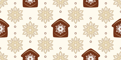 Brown houses and beige snowflakes on light beige background. Winter holiday seamless pattern in warm neutral colors. Soft Christmas holiday decor