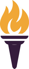 Torch flame symbol for knowledge inspiration and victory with purple base and yellow flames transparent background