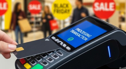 Contactless credit card payment on a POS terminal during a Black Friday sale
